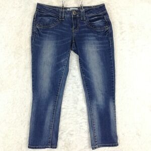 Rewind Womens Jeans Capri Blue Denim Low‎ Rise Stone Wash Whiskering 3